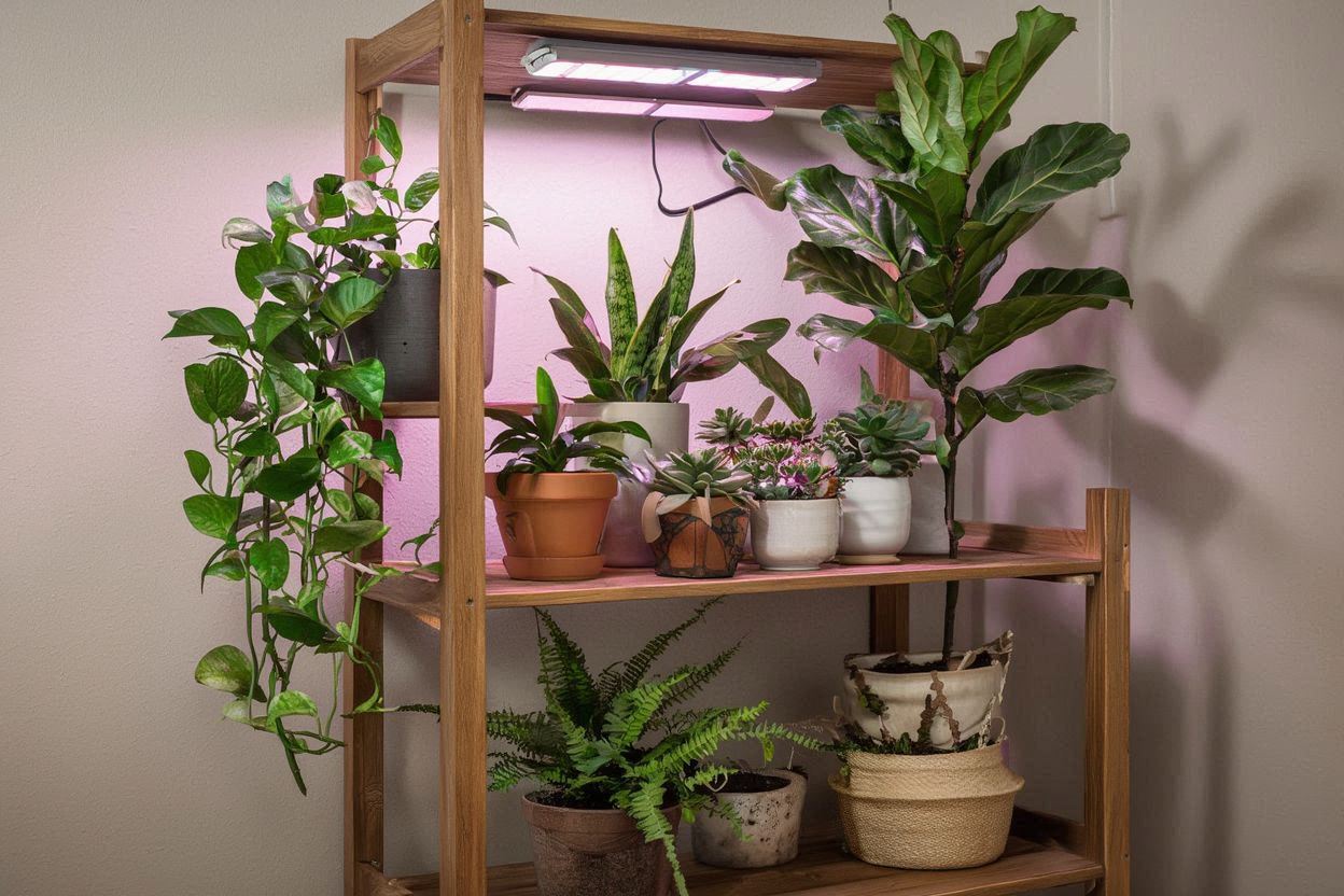Indoor plant shelf with grow lights and various potted plants