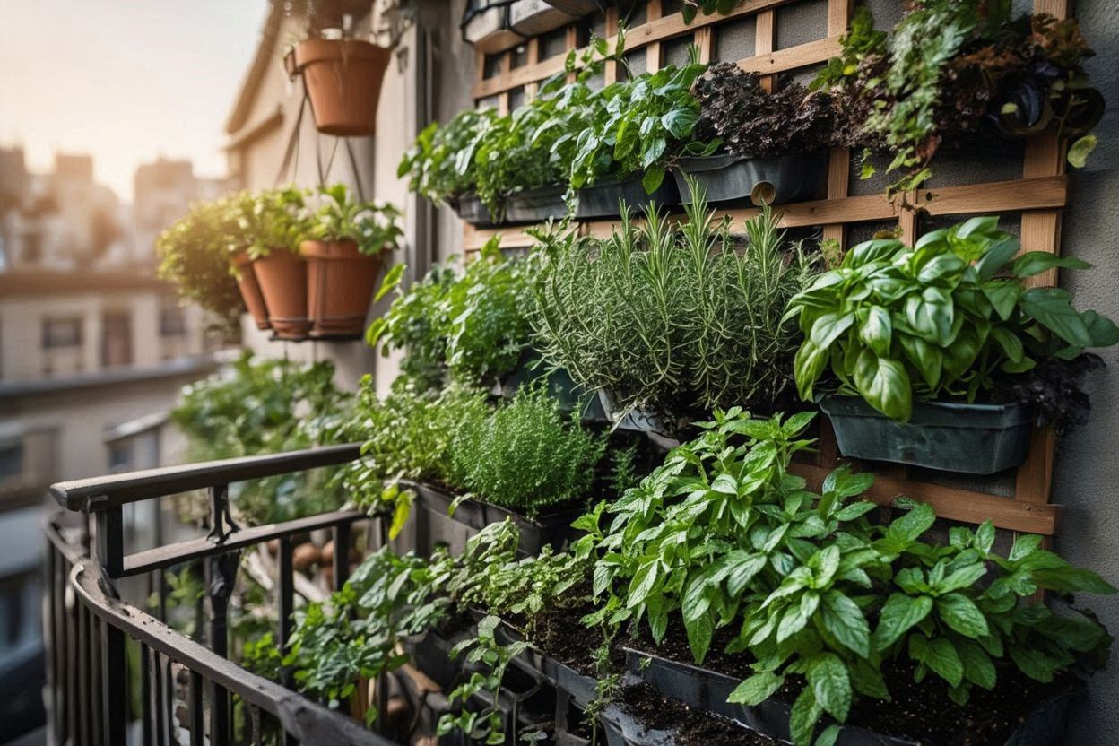 Lush vertical garden on a balcony with various herbs and plants